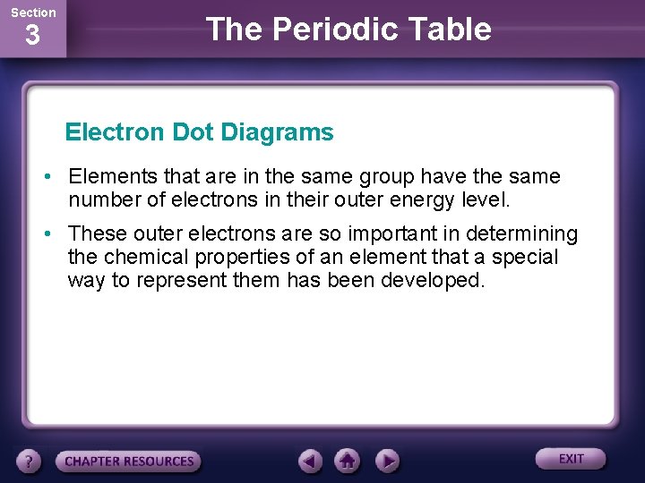 Section 3 The Periodic Table Electron Dot Diagrams • Elements that are in the