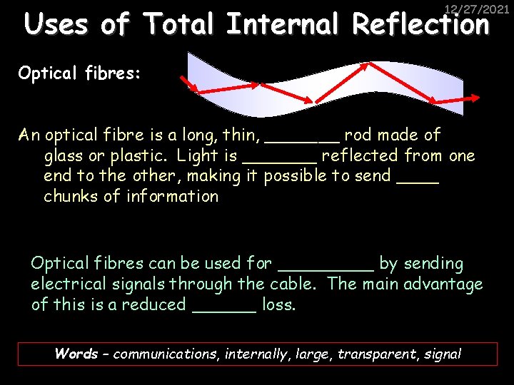 12/27/2021 Uses of Total Internal Reflection Optical fibres: An optical fibre is a long,