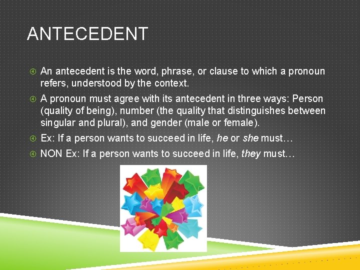 ANTECEDENT An antecedent is the word, phrase, or clause to which a pronoun refers,