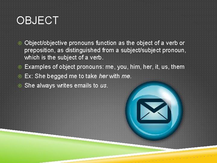 OBJECT Object/objective pronouns function as the object of a verb or preposition, as distinguished