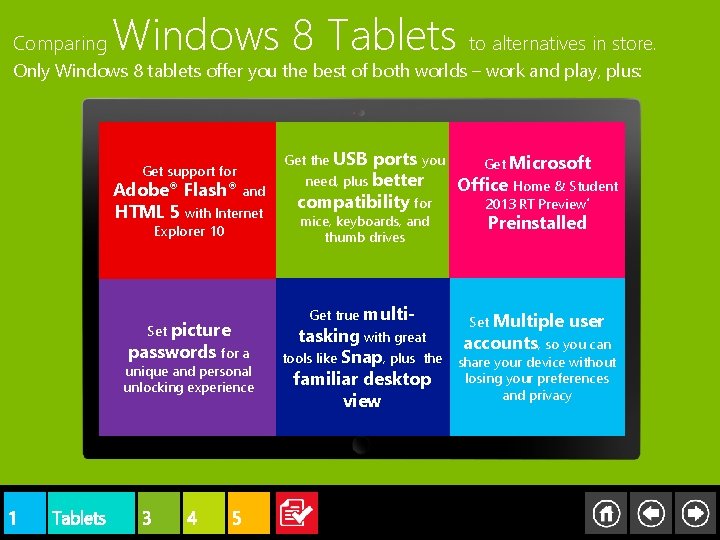 Comparing Windows 8 Tablets to alternatives in store. Only Windows 8 tablets offer you