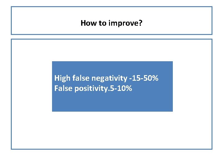 How to improve? High false negativity -15 -50% False positivity. 5 -10% 