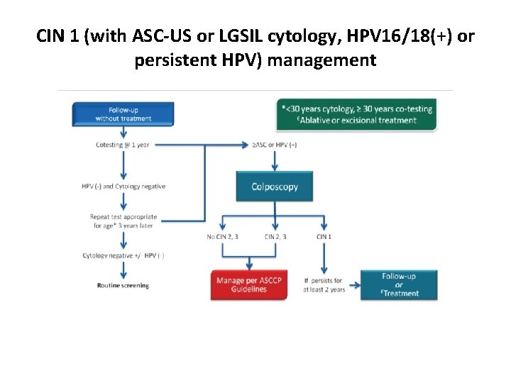 CIN 1 (with ASC-US or LGSIL cytology, HPV 16/18(+) or persistent HPV) management 