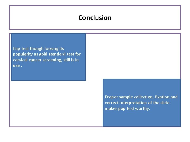 Conclusion Pap test though loosing its popularity as gold standard test for cervical cancer