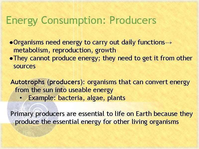 Energy Consumption: Producers ● Organisms need energy to carry out daily functions→ metabolism, reproduction,