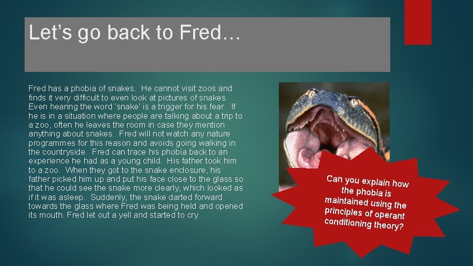 Let’s go back to Fred… Fred has a phobia of snakes. He cannot visit Let’s go back to Fred… Fred has a phobia of snakes. He cannot visit
