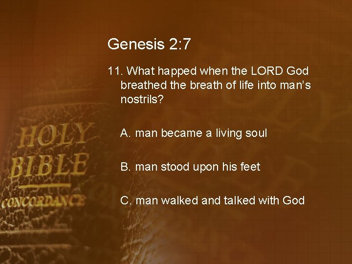 Genesis 2: 7 11. What happed when the LORD God breathed the breath of