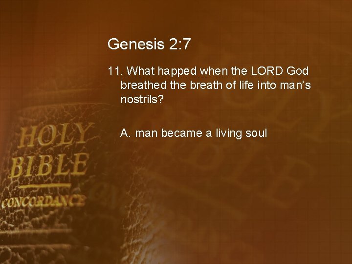 Genesis 2: 7 11. What happed when the LORD God breathed the breath of