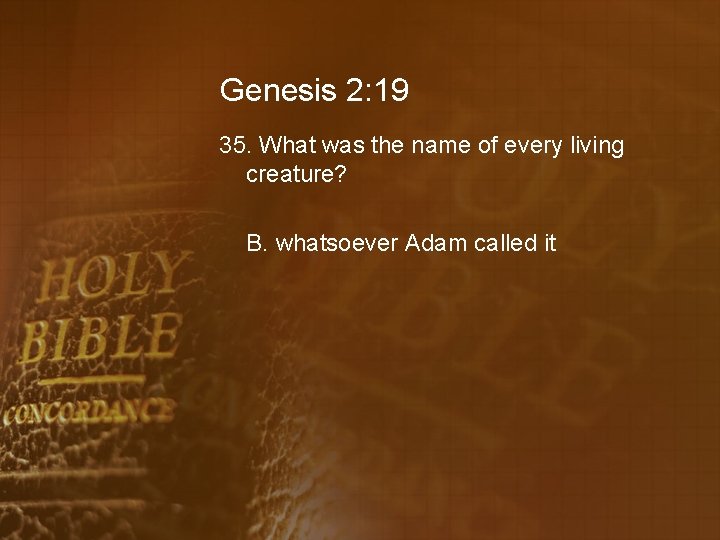 Genesis 2: 19 35. What was the name of every living creature? B. whatsoever