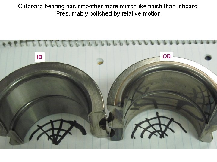 Outboard bearing has smoother more mirror-like finish than inboard. Presumably polished by relative motion
