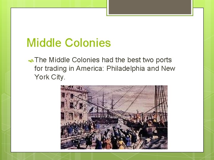 Middle Colonies The Middle Colonies had the best two ports for trading in America: