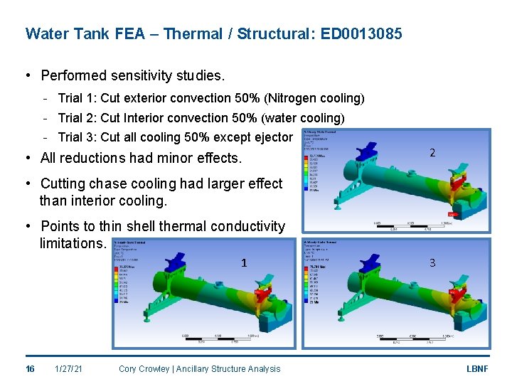 Water Tank FEA – Thermal / Structural: ED 0013085 • Performed sensitivity studies. -