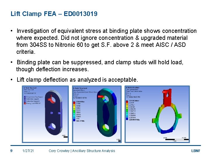 Lift Clamp FEA – ED 0013019 • Investigation of equivalent stress at binding plate