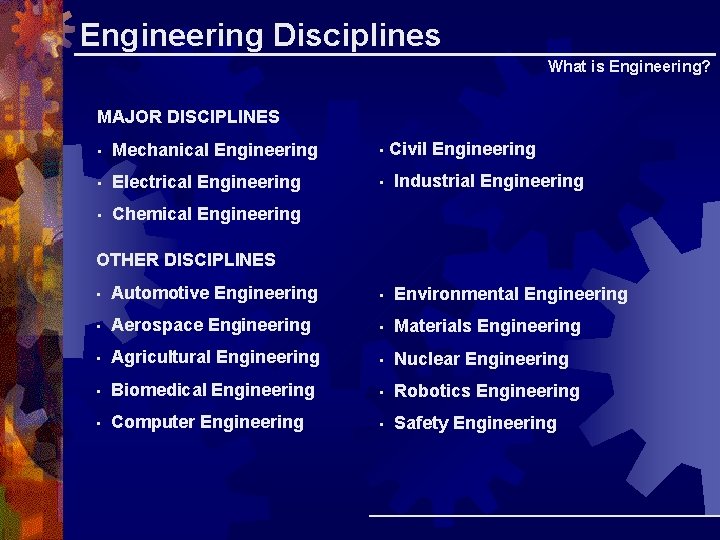 Engineering Disciplines What is Engineering? MAJOR DISCIPLINES Civil Engineering • Mechanical Engineering • • Engineering Disciplines What is Engineering? MAJOR DISCIPLINES Civil Engineering • Mechanical Engineering • •
