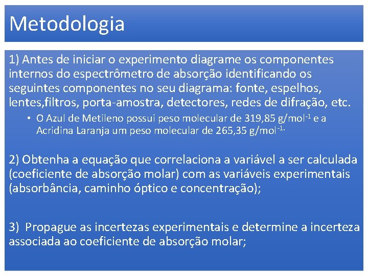 Metodologia 1) Antes de iniciar o experimento diagrame os componentes internos do espectrômetro de