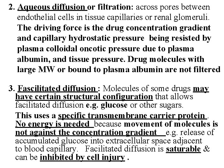 2. Aqueous diffusion or filtration: across pores between endothelial cells in tissue capillaries or