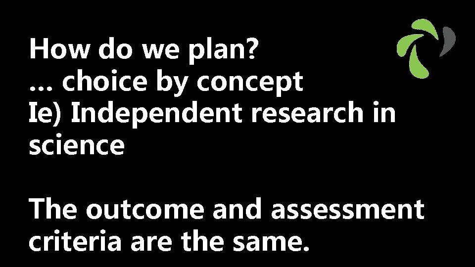 How do we plan? … choice by concept Ie) Independent research in science The