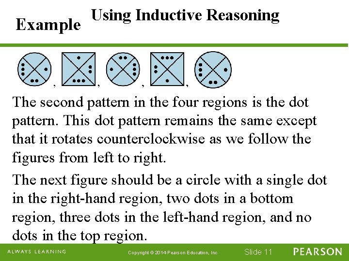 Example Using Inductive Reasoning The second pattern in the four regions is the dot