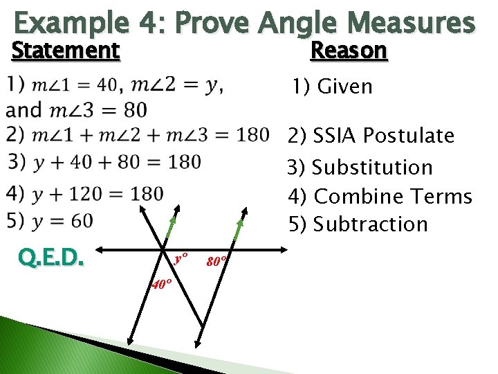 Example 4: Prove Angle Measures Statement Reason 1) Given 2) SSIA Postulate 3) Substitution