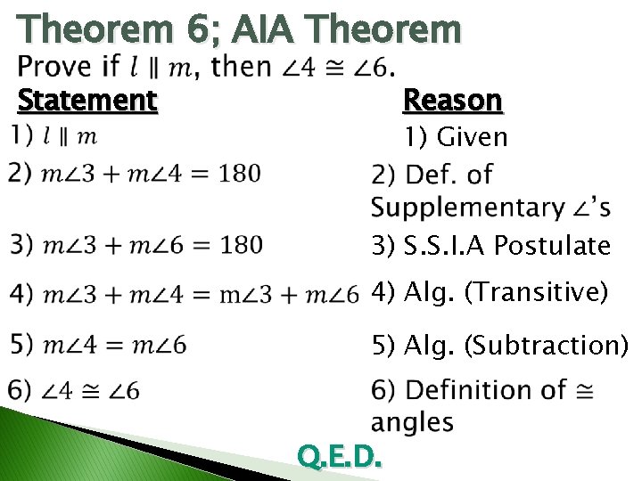 Theorem 6; AIA Theorem Statement Reason 1) Given 3) S. S. I. A Postulate