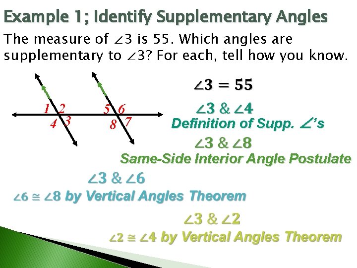 Example 1; Identify Supplementary Angles The measure of ∠ 3 is 55. Which angles