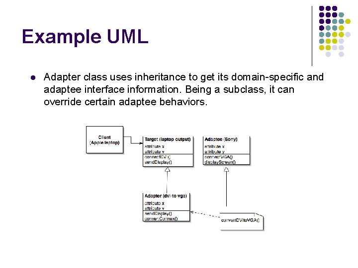 Example UML l Adapter class uses inheritance to get its domain-specific and adaptee interface