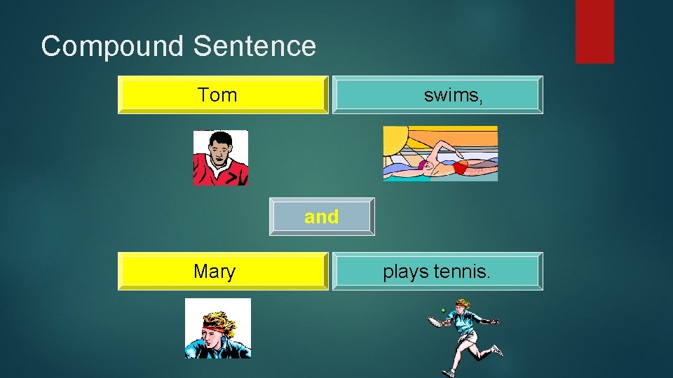 Compound Sentence Tom swims, and Mary plays tennis. 