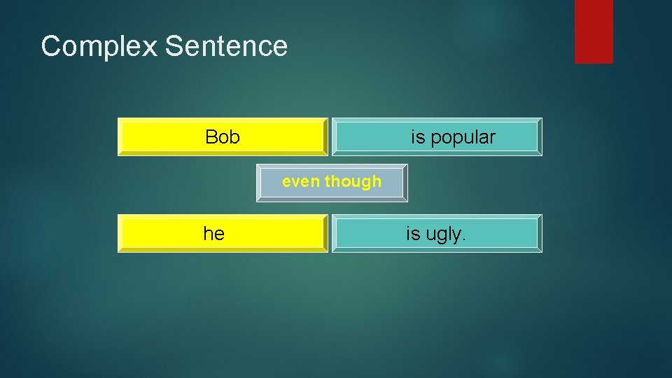Complex Sentence Bob is popular even though he is ugly. 