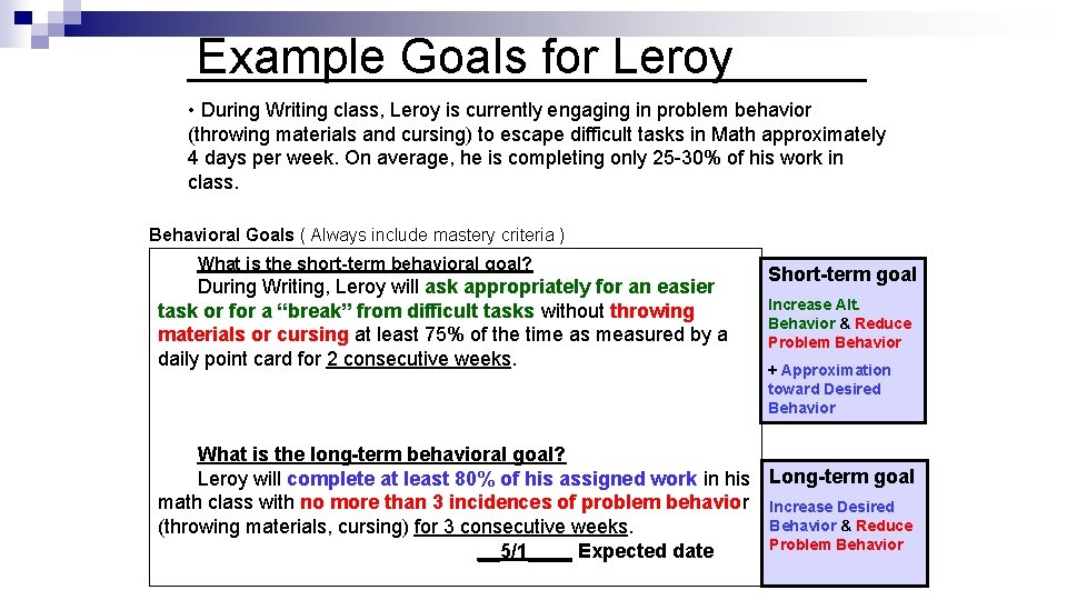 Example Goals for Leroy • During Writing class, Leroy is currently engaging in problem