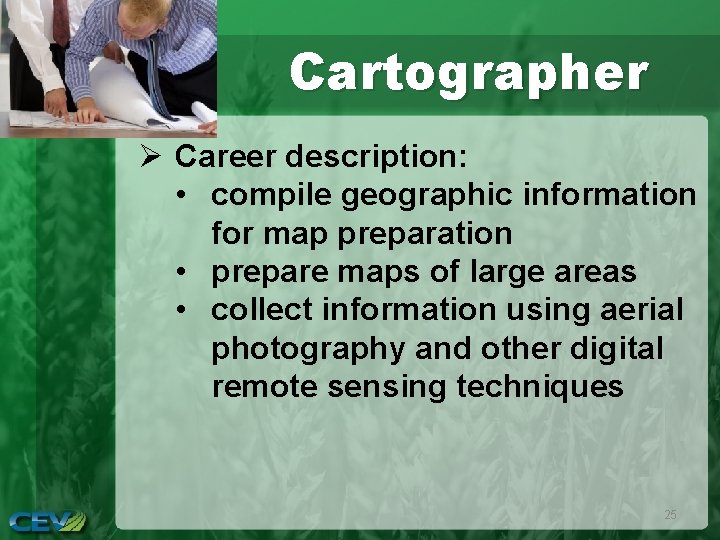 Cartographer Ø Career description: • compile geographic information for map preparation • prepare maps
