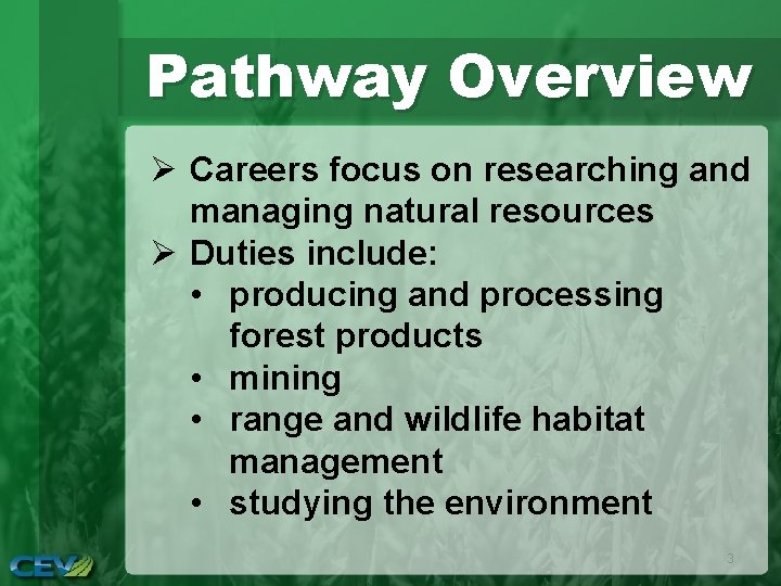 Pathway Overview Ø Careers focus on researching and managing natural resources Ø Duties include: