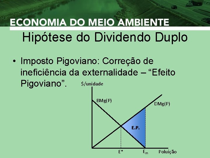 Hipótese do Dividendo Duplo • Imposto Pigoviano: Correção de ineficiência da externalidade – “Efeito