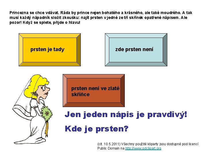 Princezna se chce vdávat. Ráda by prince nejen bohatého a krásného, ale také moudrého.