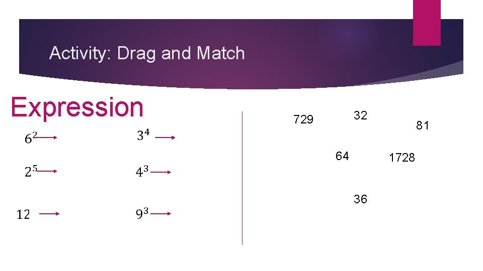 Activity: Drag and Match Expression 32 729 64 81 1728 36 