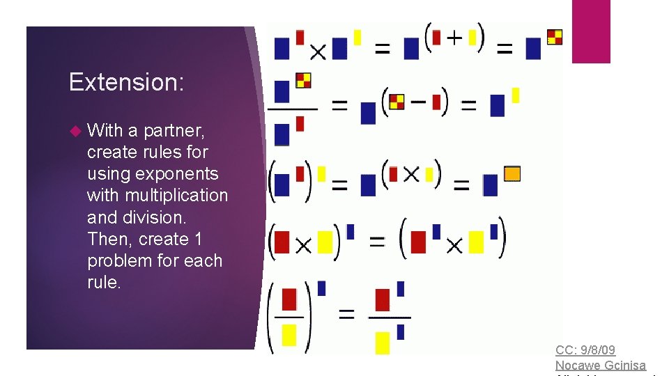 Extension: With a partner, create rules for using exponents with multiplication and division. Then,