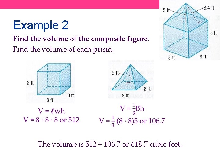 Example 2 Find the volume of the composite figure. Find the volume of each
