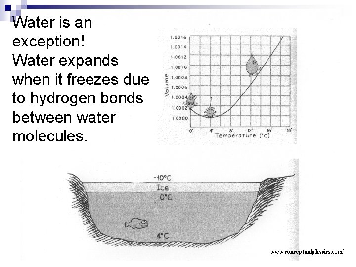 Water is an exception! Water expands when it freezes due to hydrogen bonds between