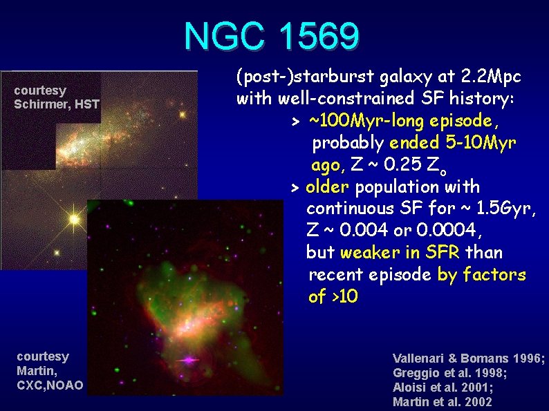 NGC 1569 courtesy Schirmer, HST courtesy Martin, CXC, NOAO (post-)starburst galaxy at 2. 2
