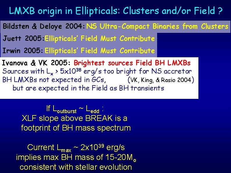 LMXB origin in Ellipticals: Clusters and/or Field ? Bildsten & Deloye 2004: NS Ultra-Compact