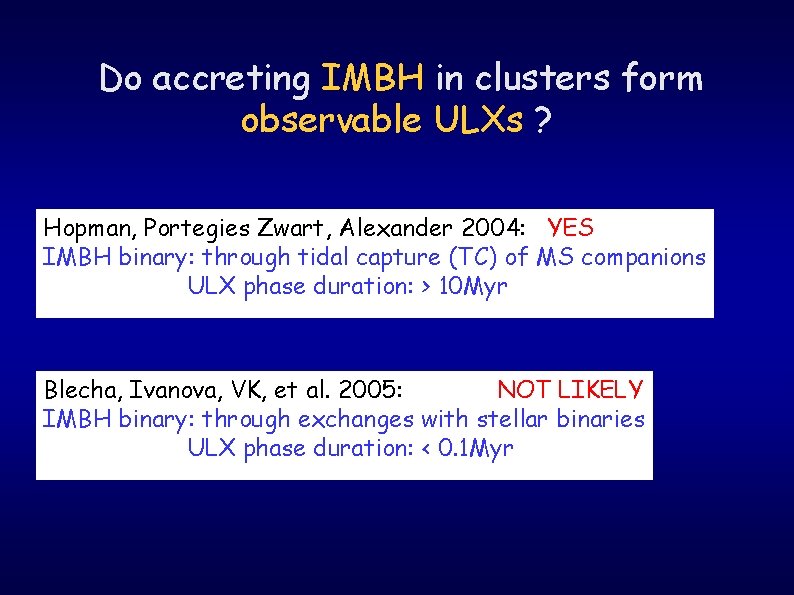 Do accreting IMBH in clusters form observable ULXs ? Hopman, Portegies Zwart, Alexander 2004: