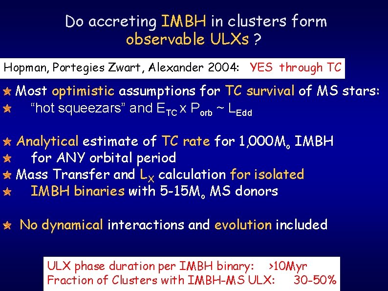 Do accreting IMBH in clusters form observable ULXs ? Hopman, Portegies Zwart, Alexander 2004: