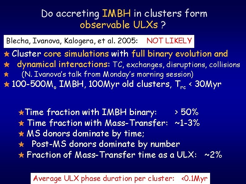 Do accreting IMBH in clusters form observable ULXs ? Blecha, Ivanova, Kalogera, et al.