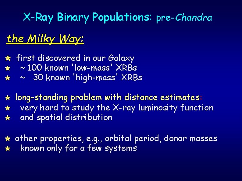 X-Ray Binary Populations: pre-Chandra the Milky Way: first discovered in our Galaxy ~ 100