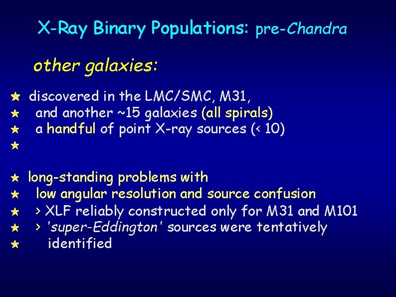 X-Ray Binary Populations: pre-Chandra other galaxies: discovered in the LMC/SMC, M 31, and another