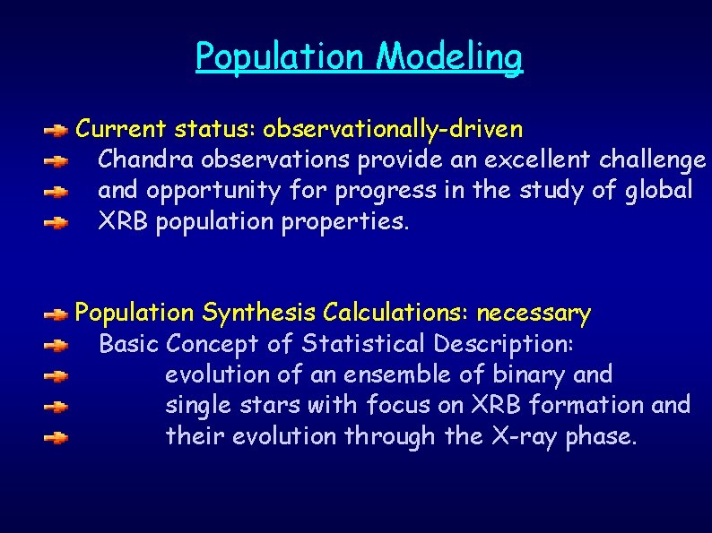 Population Modeling Current status: observationally-driven Chandra observations provide an excellent challenge and opportunity for