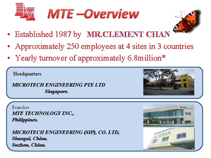 MTE –Overview • • • Established 1987 by MR. CLEMENT CHAN Approximately 250 employees