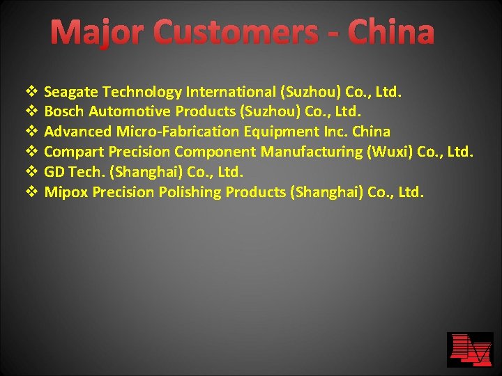Major Customers - China v Seagate Technology International (Suzhou) Co. , Ltd. v Bosch