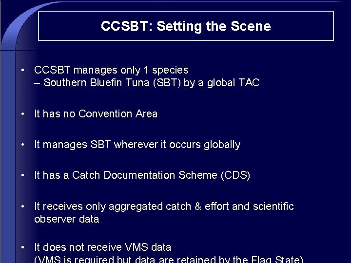 CCSBT: Setting the Scene • CCSBT manages only 1 species – Southern Bluefin Tuna