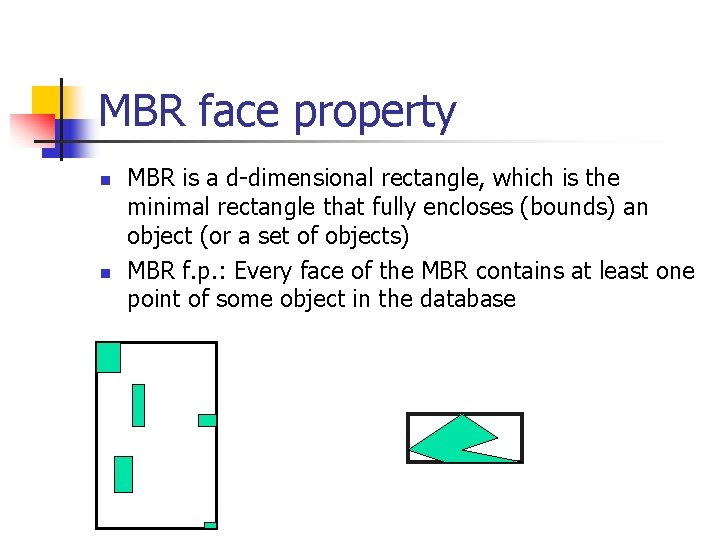 MBR face property n n MBR is a d-dimensional rectangle, which is the minimal