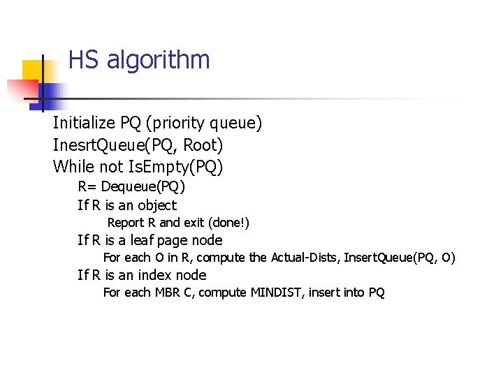 HS algorithm Initialize PQ (priority queue) Inesrt. Queue(PQ, Root) While not Is. Empty(PQ) R=